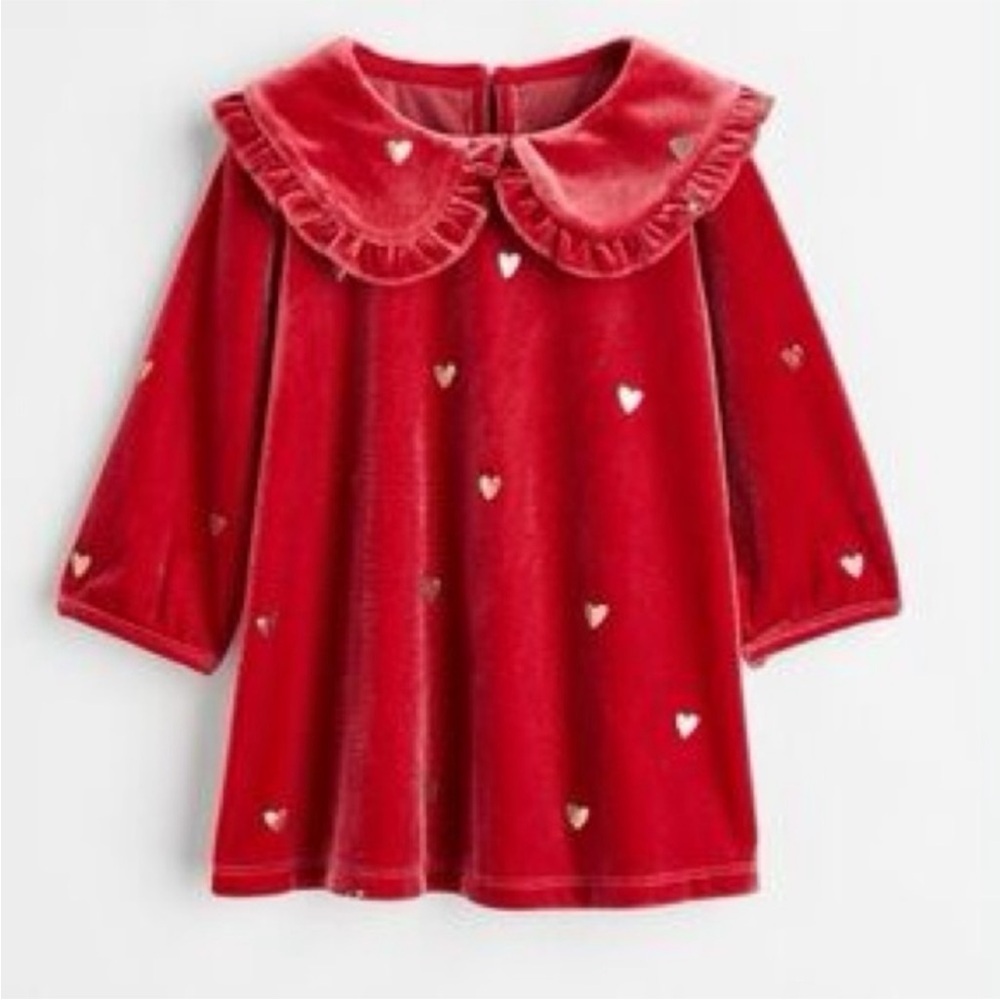 H&M holiday velour Red heart print Velvet baby girl dress size 18months